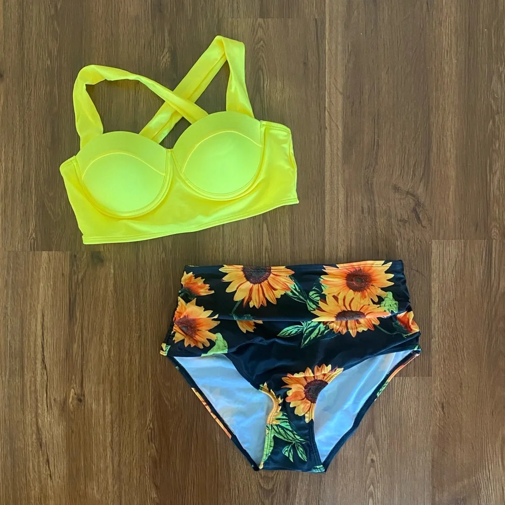 Sunflower Bikini Swimsuit Size Small black yellow bustier padded full high waist